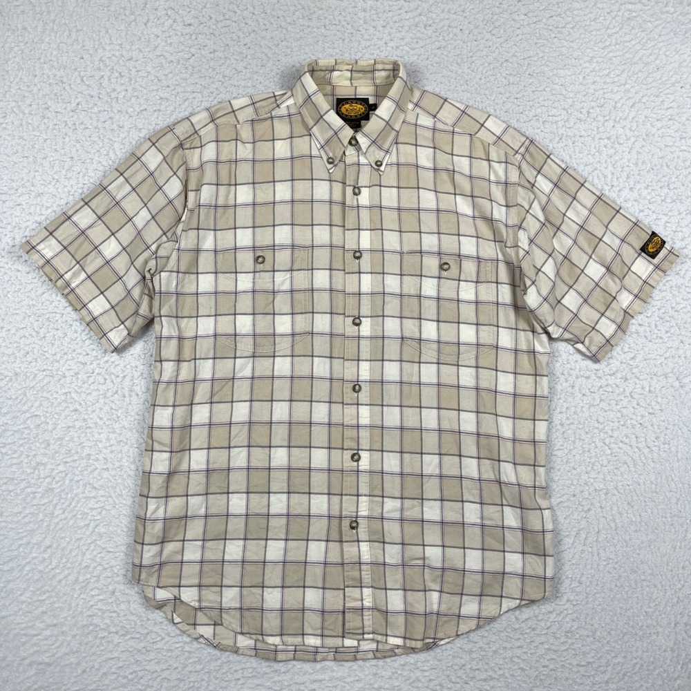 Woolrich Button‎ Down Shirt Mens Large Natural Plaid Cotton Short Sleeve Hiking